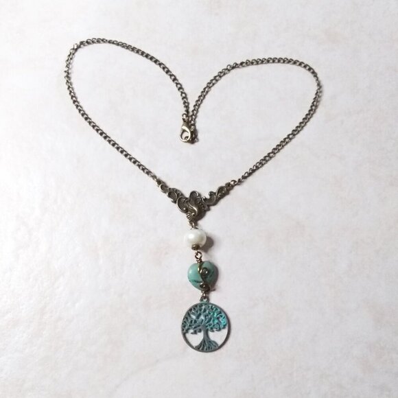 Ultra Feminine Tree of Life "Y" Necklace! African Turquoise Heart + Patina Paint - Picture 1 of 11